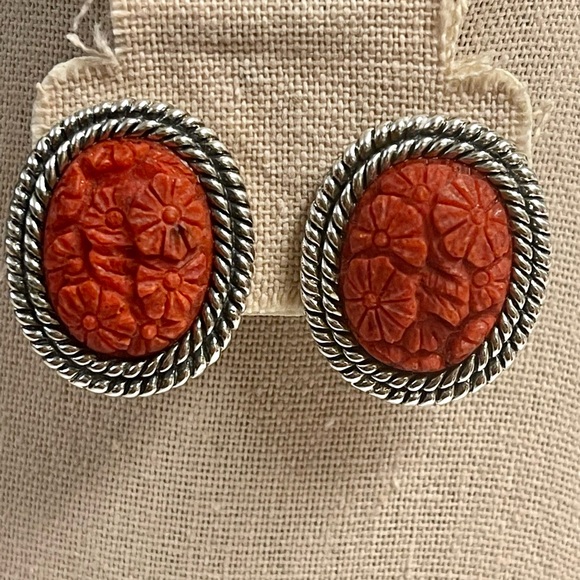 AKR Sterling Silver Carved Red Coral Earrings - Picture 6 of 8